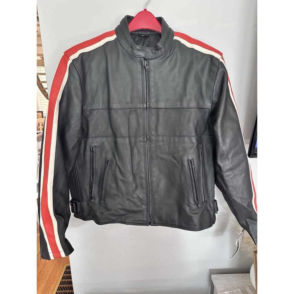 Unik Leather Motorcycle Jacket Padded Black Biker Riding Y2K Stripe‎ Size 5XL